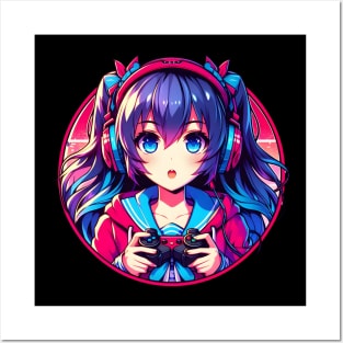 Blue eyes neon pink glow gamer girl Posters and Art